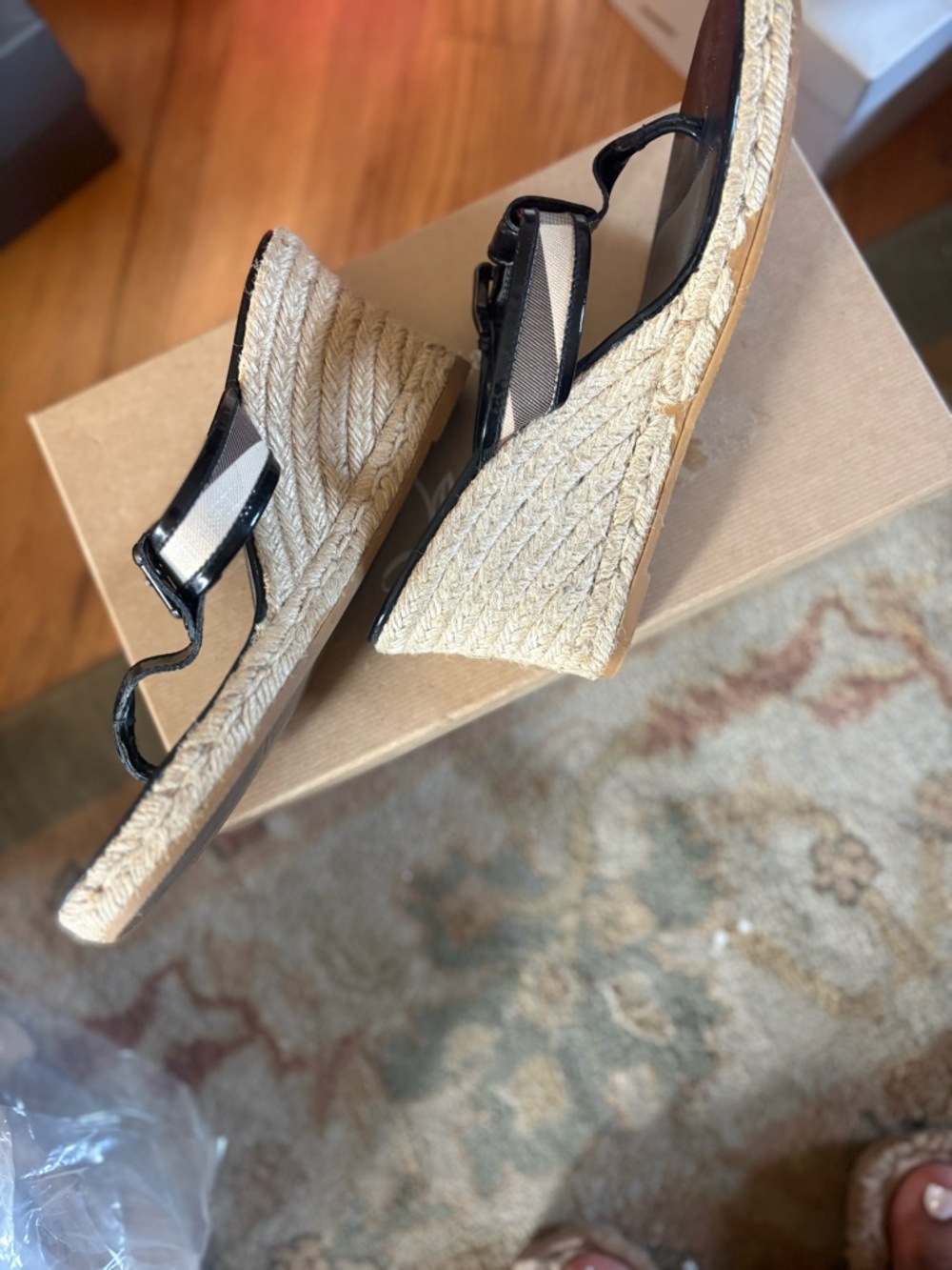 Burberry Black Patent and Natural Espadrille Wedge Sandals